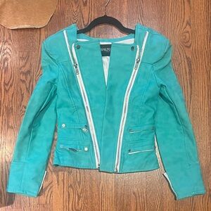 Balmain blue leather moto jacket.